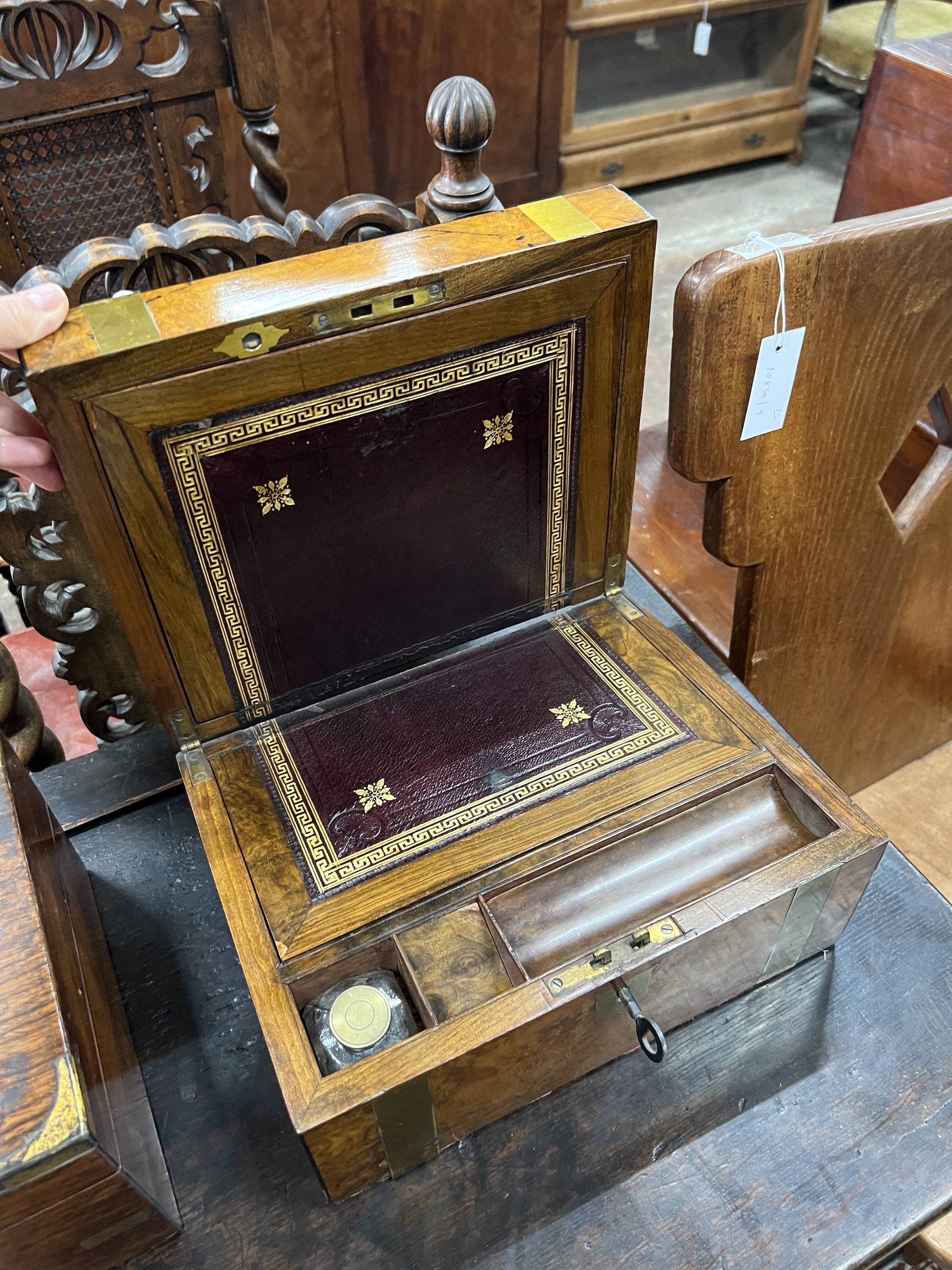 A Victorian brass mounted walnut writing slope, width 30cm and a smaller brass mounted box